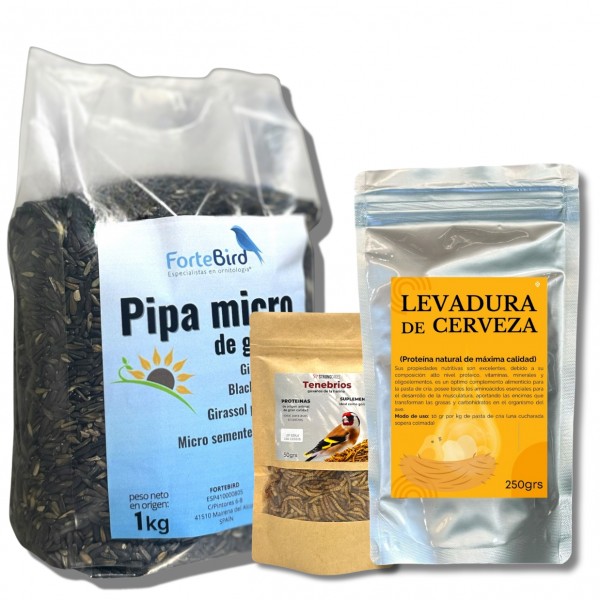 Pack Jilgueros (Pipa micro Fortebird - Tenebrios - Levadura de cerveza) Comida jilgueros y silvestres